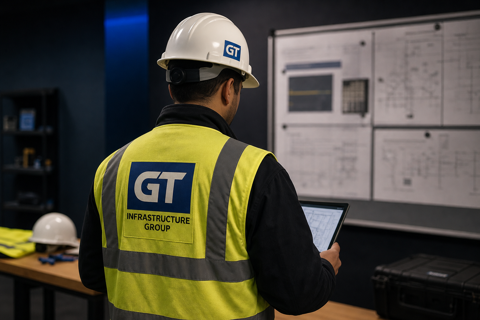 GT Infrastructure Group trainee viewed from behind reviewing plans in a safe training room
